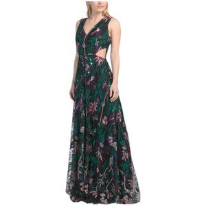MARCHESA Keyhole Back Floral Gown